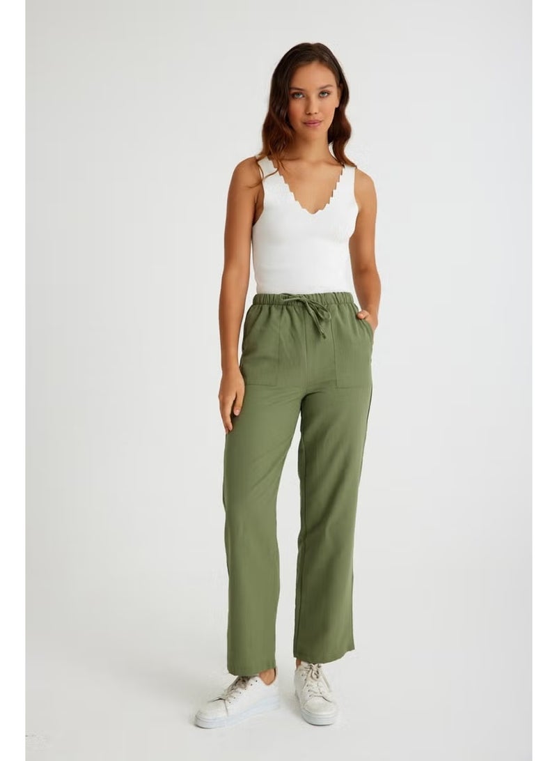 Barbora Linen Casual Trousers with Waist Tie LN14HAKI9 - Image 1